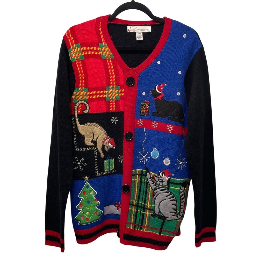 Jolly Sweaters Christmas Cat Pullover Sweater V-neck M
